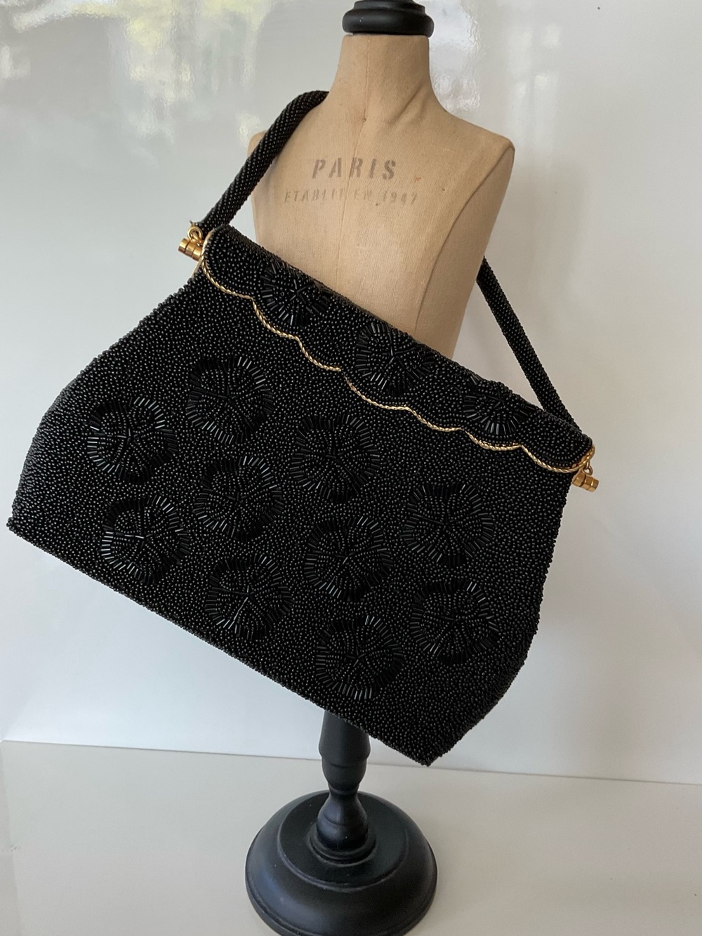 Elegant Vintage Black Beaded Shoulder Bag with Gold Trim from 1963
